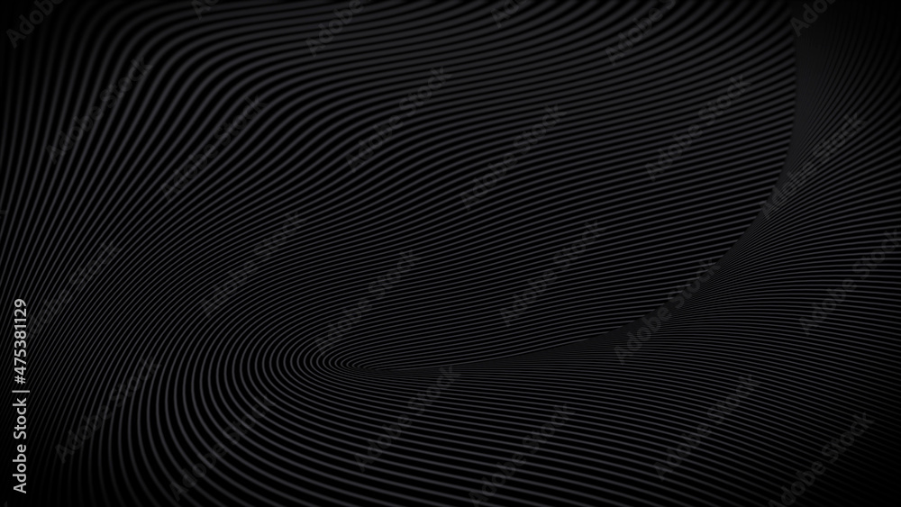3D rendering of spiral gray swirl lines on a twisted surface. Minimalistic dark design 3D rendering of spiral gray swirl lines on a twisted surface. Minimalistic dark design