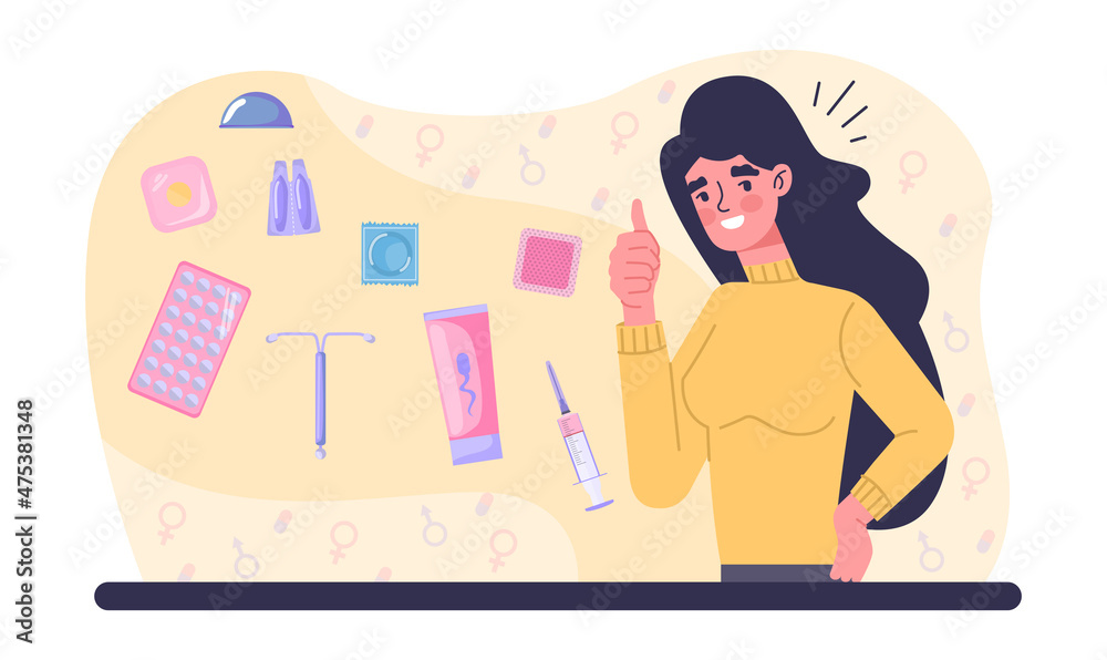 Female contraception concept. Girl along with ways to protect against
