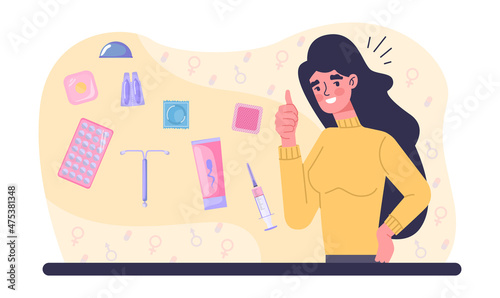 Female contraception concept. Girl along with ways to protect against unexpected pregnancy. Special medicines, responsible person. Different types of protection. Cartoon flat vector illustration