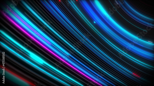 3D rendering of spiral bright vortex streams of light on a surface with lines