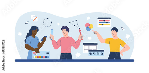 Design studio concept. Men and girls create website page layout. Development team offers template. Group of designers at work, freelancers, coworking, company. Cartoon flat vector illustration