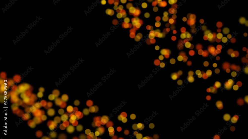 3D rendering of stylish bright multicolored particles in space, which are scattered on a black background