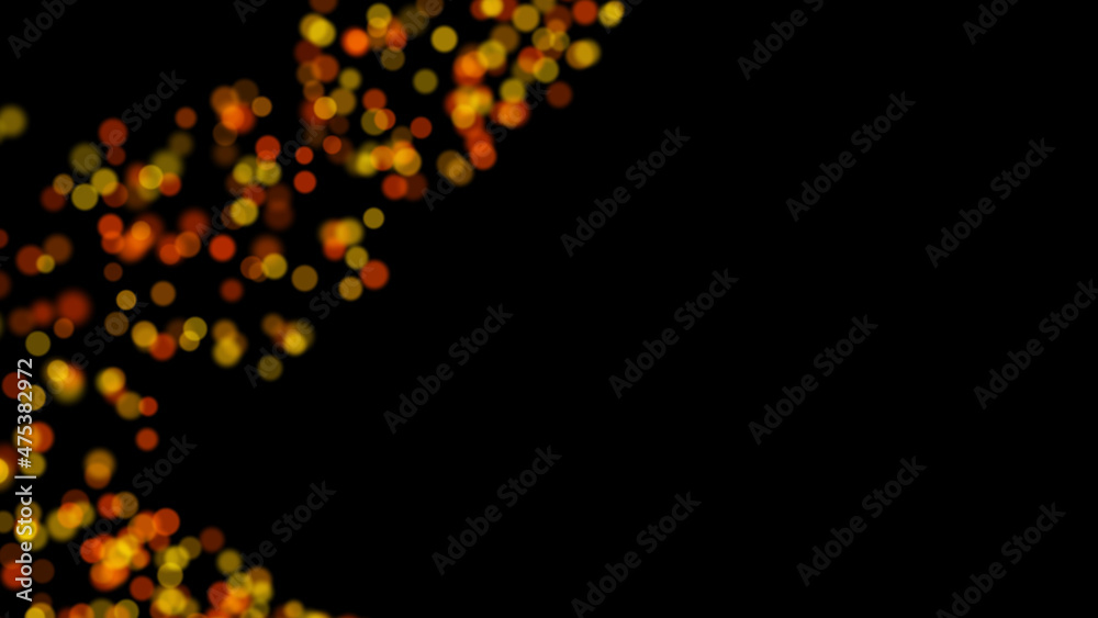 3D rendering of stylish bright multicolored particles in space, which are scattered on a black background