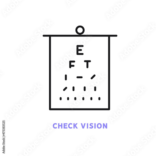 Eye chart line icon. Checking eyesight, choosing glasses, ophthalmology  flat icon. Oculist item. Optometry equipment, health care outline sign. Editable stroke