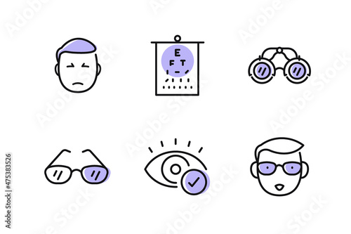 Ophthalmology instruction with line icons. Process of checking eyesight, choosing glasses, special glasses  flat icon. Optometry equipment, health care outline signs. Editable stroke