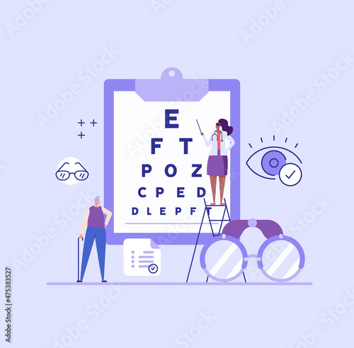 Doctor ophthalmologist checks eyes of the patient. Concept of ophthalmology, choosing eyeglasses, checking health, healthcare, eye test chart. Vector illustration in flat design for web banner