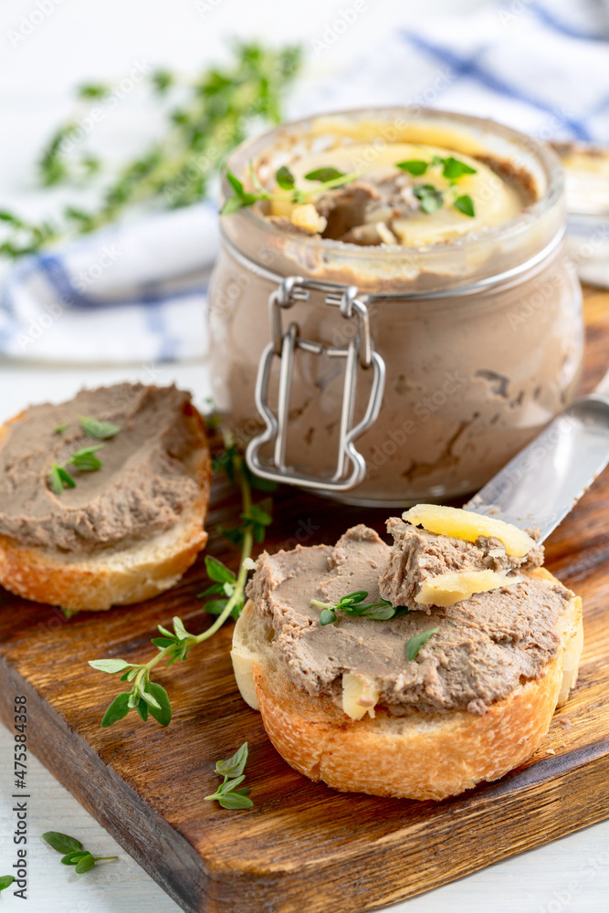 Homemade pate on baguette slices. Homemade pate on baguette slices.
