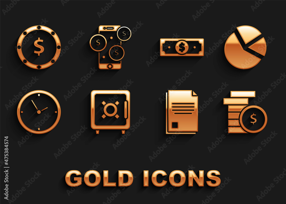 Set Safe, Pie chart infographic, Coin money with dollar symbol, File document, Clock, Stacks paper cash, and Smartphone icon. Vector Set Safe, Pie chart infographic, Coin money with dollar symbol, File document, Clock, Stacks paper cash, and Smartphone icon. Vector