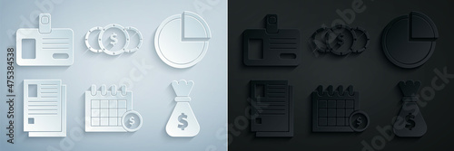 Set Financial calendar, Pie chart infographic, File document, Money bag, Coin money with dollar symbol and Identification badge icon. Vector