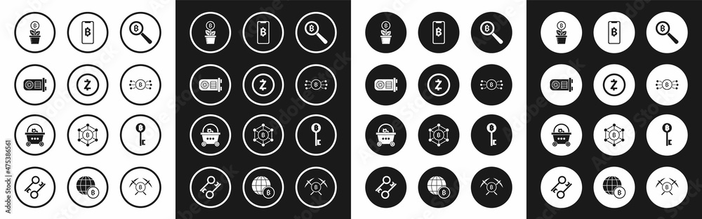 Set Magnifying glass with Bitcoin, Cryptocurrency Zcash ZEC, Mining farm, plant the pot, bitcoin circle microchip circuit, Phone mobile and cryptocurrency, key and Shopping basket icon. Vector Set Magnifying glass with Bitcoin, Cryptocurrency Zcash ZEC, Mining farm, plant the pot, bitcoin circle microchip circuit, Phone mobile and cryptocurrency, key and Shopping basket icon. Vector