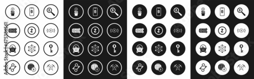 Set Magnifying glass with Bitcoin, Cryptocurrency Zcash ZEC, Mining farm, plant the pot, bitcoin circle microchip circuit, Phone mobile and cryptocurrency, key and Shopping basket icon. Vector