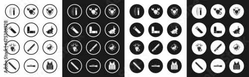 Set Moose head on shield, Cartridges, Quiver with arrows, Bow and in quiver, Rabbit, Hunt moose crosshairs, rabbit and deer icon. Vector