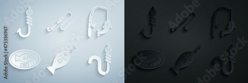 Set Fish on hook, Fishing rod and fish, trophy hanging the board, worm, line with float and icon. Vector