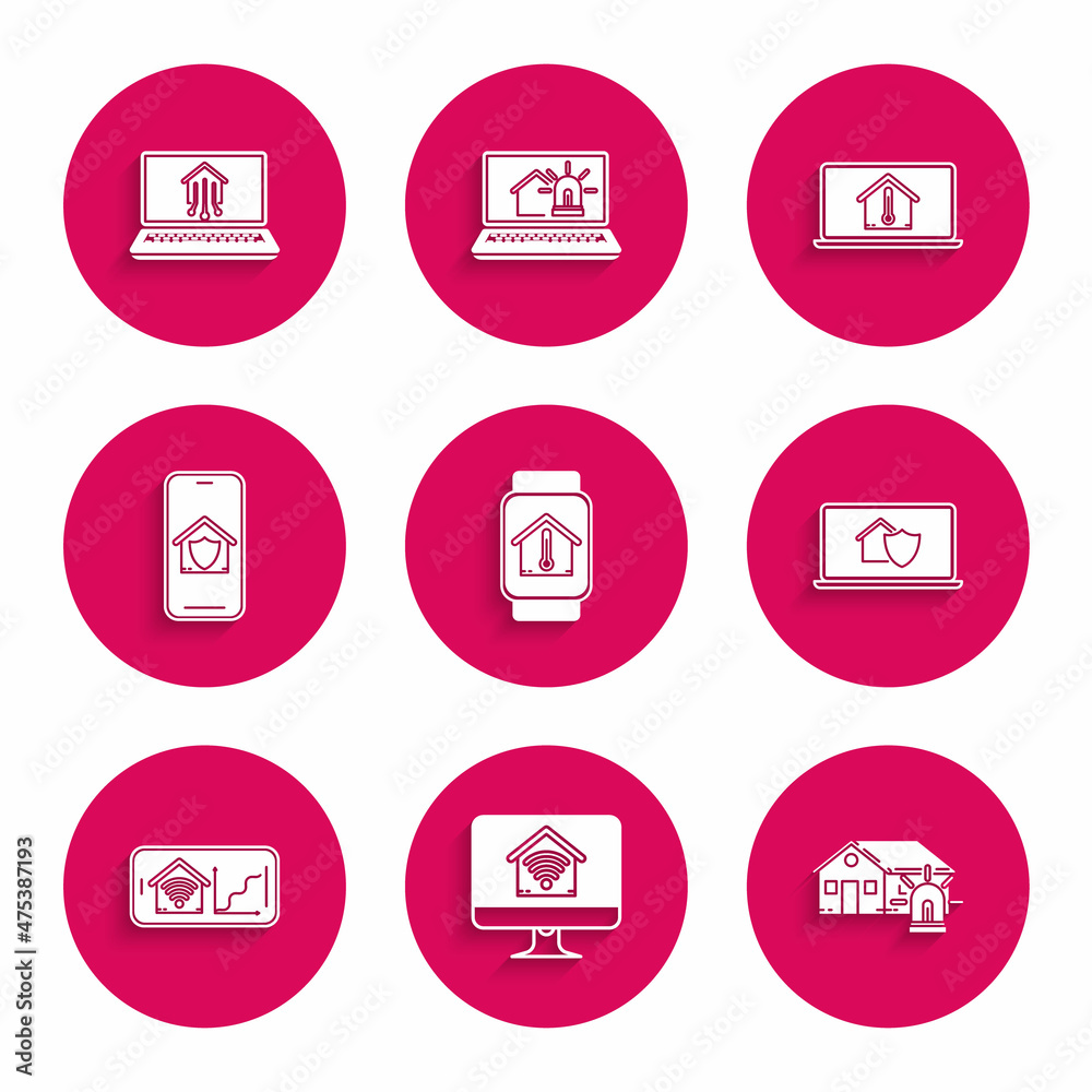 Set Smart watch with house temperature, Computer monitor smart home wi-fi, and alarm, Laptop under protection, Mobile phone, and icon. Vector Set Smart watch with house temperature, Computer monitor smart home wi-fi, and alarm, Laptop under protection, Mobile phone, and icon. Vector
