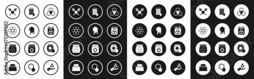 Set Honeycomb, dipper stick, Hanging sign with honeycomb, Wooden barrel and Jar of icon. Vector