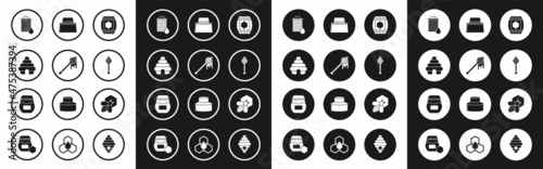 Set Wooden barrel with honey, Honey dipper stick dripping, Hive for bees, Honeycomb, Beekeeper protect hat, and honeycomb and Jar of icon. Vector