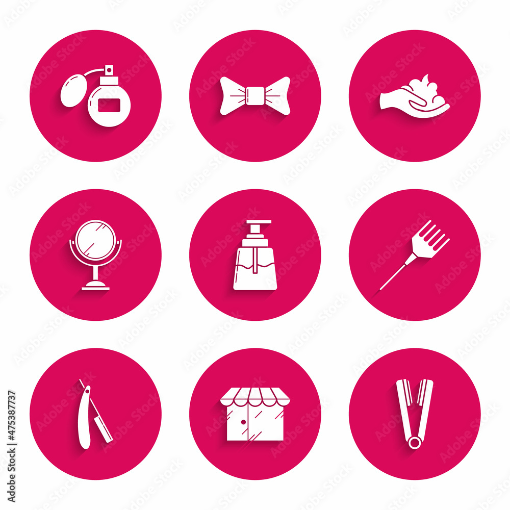 Set Aftershave, Barbershop building, Curling iron for hair, Hairbrush, Straight razor, Hand mirror, Shaving gel foam hand and icon. Vector Set Aftershave, Barbershop building, Curling iron for hair, Hairbrush, Straight razor, Hand mirror, Shaving gel foam hand and icon. Vector