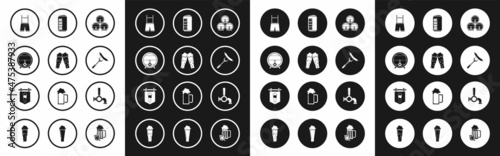 Set Wooden barrel on rack with stopcock, Glass of beer, Lederhosen, Sausage the fork, Beer can, tap and Street signboard glass icon. Vector