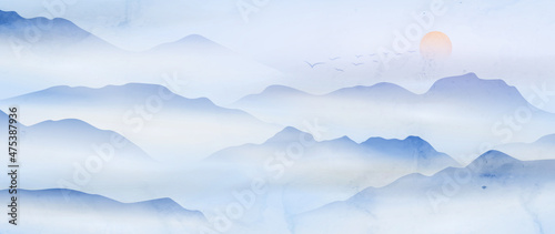 Watercolor art background with mountains and hills in the fog in blue tones. Landscape banner in oriental style for interior design, wallpaper, print