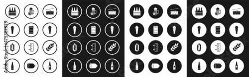 Set Musical instrument drum and drum sticks, Metal beer keg, Glass of, Pack bottles, hop, Cereals set with rice, wheat, corn, oats, rye, barley and Hotdog sandwich mustard icon. Vector