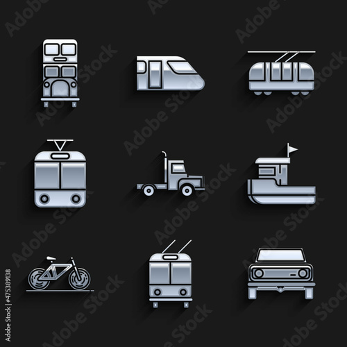 Set Delivery cargo truck vehicle, Trolleybus, Off road, Fishing boat, Bicycle, Tram and railway, and Double decker icon. Vector