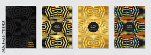 Set of cover design, vertical templates.Geometric golden 3D pattern. Ethnic vintage collection of embossed backgrounds. Oriental, Indonesian, Mexican, Aztec motives.