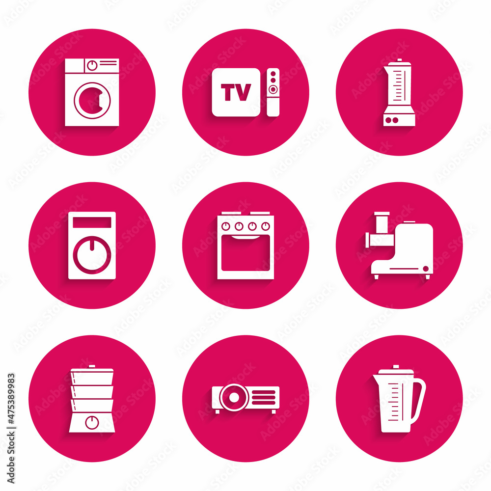 Set Oven, , Measuring cup, Kitchen meat grinder, Double boiler, Remote control, Blender and Washer icon. Vector Set Oven, , Measuring cup, Kitchen meat grinder, Double boiler, Remote control, Blender and Washer icon. Vector