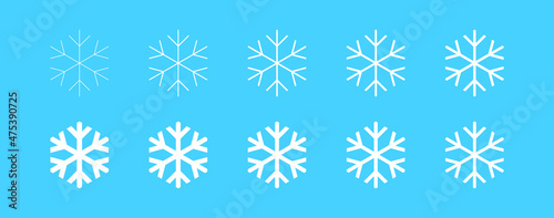 Set of snowflakes, linear icons of different thickness. New Year and Christmas attribute. Weather element. The symbol of cold, snow, winter and frost. Isolated abstract vector illustration.
