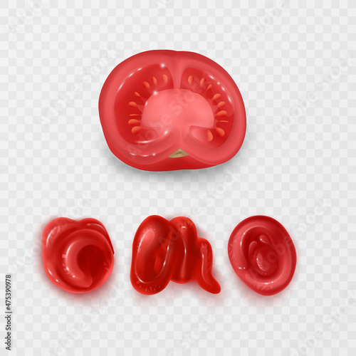 Ketchup stains. Tomato sauce red spots and smears, drops for paste and catsup blobs. Vegetable seasoning sour food realistic 3d vector format