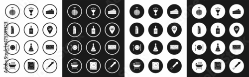 Set Cake, Whiskey bottle, Lighter, Disco ball, Alcohol or beer bar location, Bouquet of flowers, DJ remote for playing and mixing music and Plate, fork knife icon. Vector
