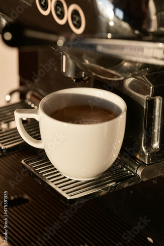 Coffee time. Making a cup of cappuccino at an espresso professional machine. One of the most favorite drinks in the world. Coffee speciality.