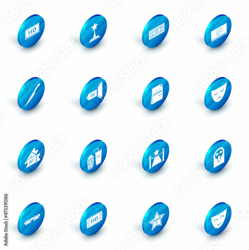 Set Movie trophy, VHS video cassette tape, Online play, Knife, Cinema ticket, spotlight, Drama theatrical mask and Scenario icon. Vector