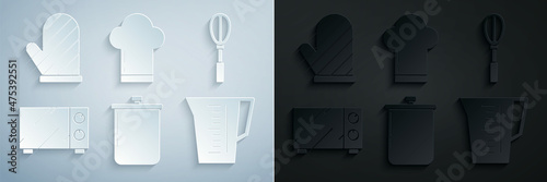 Set Cooking pot, Kitchen whisk, Microwave oven, Measuring cup, Chef hat and Oven glove icon. Vector