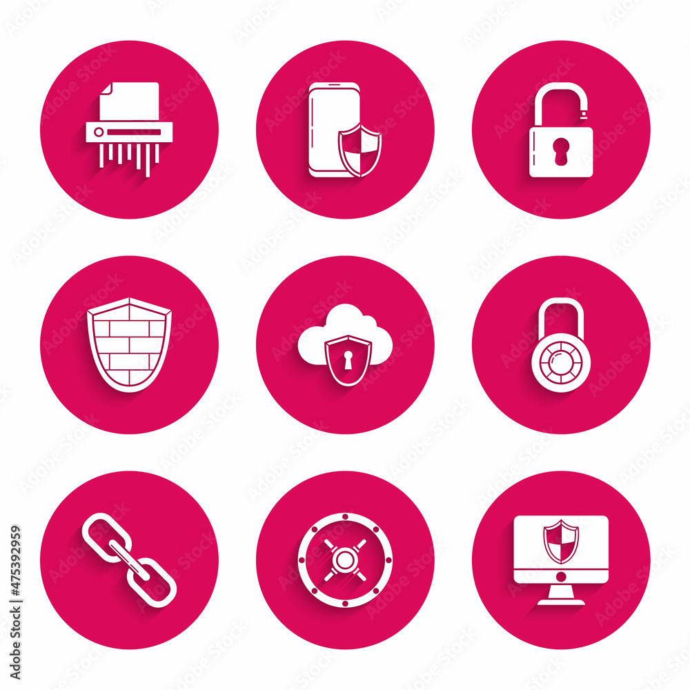 Set Cloud and shield, Safe, Computer monitor, combination lock wheel, Chain link, Shield with cyber security brick wall, Open padlock and Paper shredder confidential icon. Vector Set Cloud and shield, Safe, Computer monitor, combination lock wheel, Chain link, Shield with cyber security brick wall, Open padlock and Paper shredder confidential icon. Vector