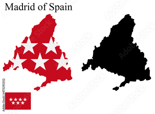 Set of maps of Madrid of Spain. Flag on the map. Silhouette of the card.