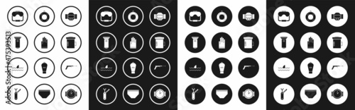 Set Diving watch, Gloves, Flashlight, mask, Big flashlight for diver, Lifebuoy, Fishing harpoon and Shark fin ocean wave icon. Vector