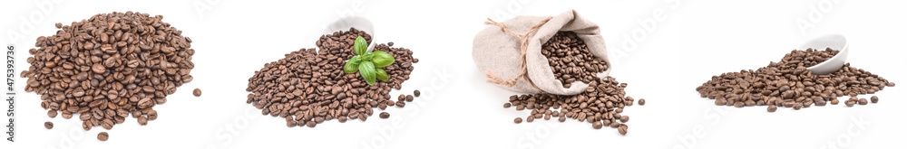 Set of brown coffee beans on a white background