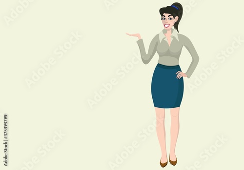 Attractive smiling businesswoman in light green confident polo and proper skirt, showing pointing something, or blank copy space for text. Business studio or poster advertising concept.