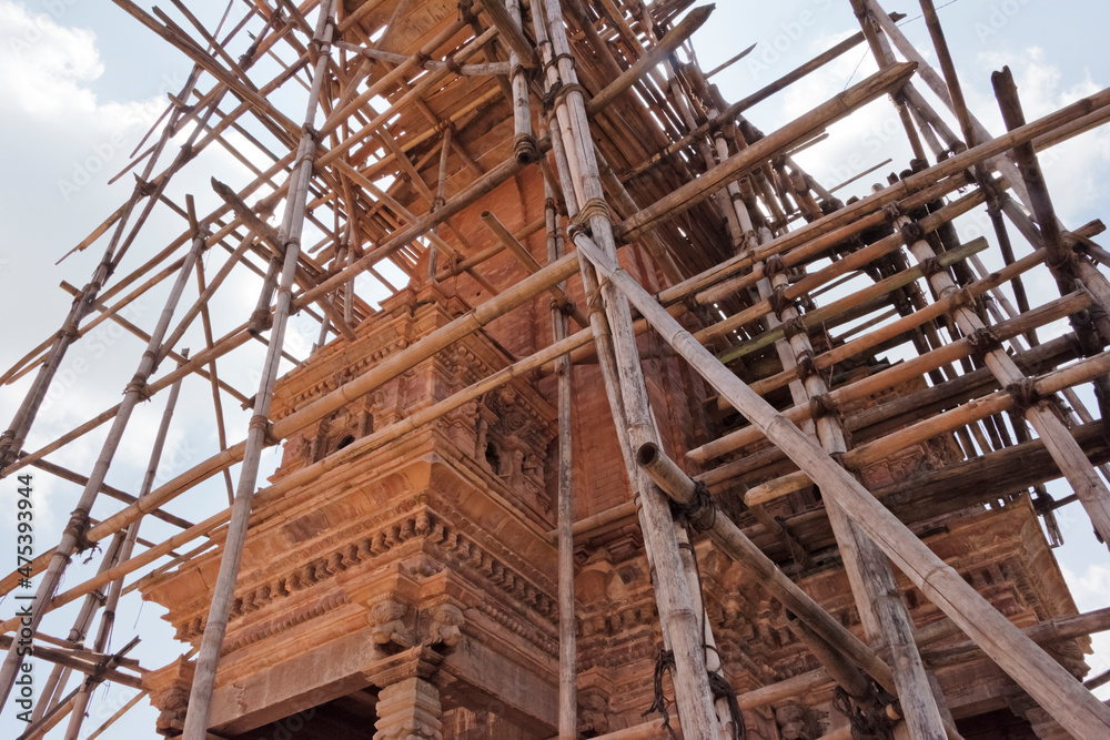 Temple being rebuilt after the 2015 earthquake, Bhaktapur Durbar Square, UNESCO World Heritage site, Bhaktapur, Nepal Temple being rebuilt after the 2015 earthquake, Bhaktapur Durbar Square, UNESCO World Heritage site, Bhaktapur, Nepal