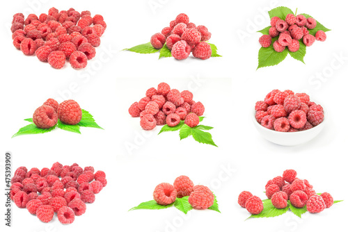 Group of raspberries with leaves on white