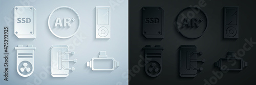 Set Smartphone, mobile phone, Music player, Video graphic card, Virtual reality glasses, Ar, augmented and SSD icon. Vector