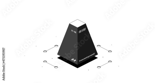 Truncated pyramid mathematical figure. Black and white isometric 3d illustration isolated on white background.