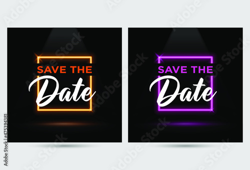Neon Save The Date Big Sign. Yellow and Pink Save The Date. Save The Date Banner On Dark Back Ground
