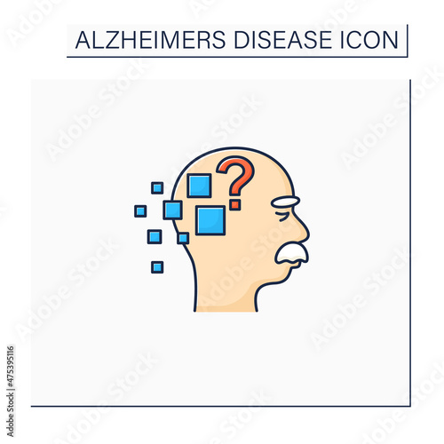 Alzheimer disease color icon. Memory loss.Destroys memory, thinking skills.Repeating questions, losing objects. Neurologic disorder concept.Isolated vector illustration