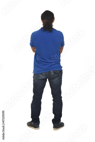 rear view of a man arms crossed on white background