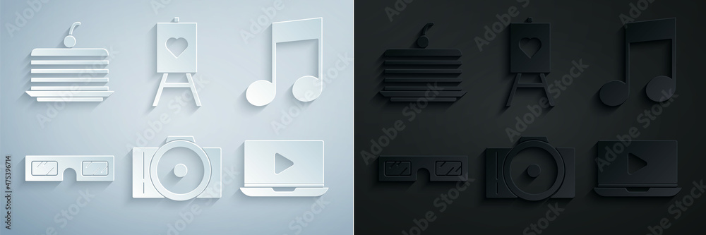 Set Photo camera, Music note, tone, 3D cinema glasses, Online play video, Wood easel or painting art boards and Cake icon. Vector Set Photo camera, Music note, tone, 3D cinema glasses, Online play video, Wood easel or painting art boards and Cake icon. Vector