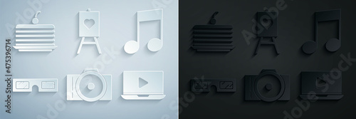 Set Photo camera, Music note, tone, 3D cinema glasses, Online play video, Wood easel or painting art boards and Cake icon. Vector