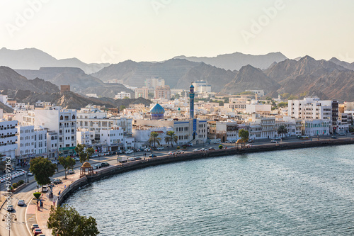 Middle East, Arabian Peninsula, Oman, Muscat, Muttrah. The waterfront and harbor in Muttrah. photo
