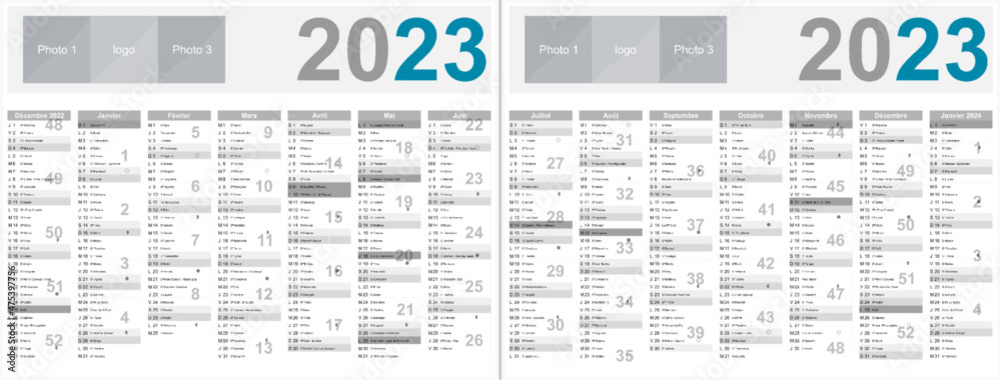 Calendrier français 2023 14 mois au format 320 x 420 mm recto verso entièrement modifiable via calques - obrazy, fototapety, plakaty 