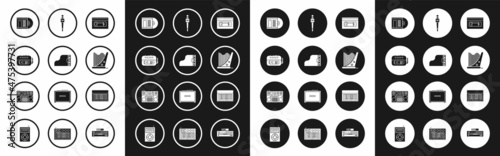 Set VHS video cassette tape, Grand piano, Music player, Vinyl disk, Harp, Microphone, synthesizer and DJ remote for playing mixing music icon. Vector